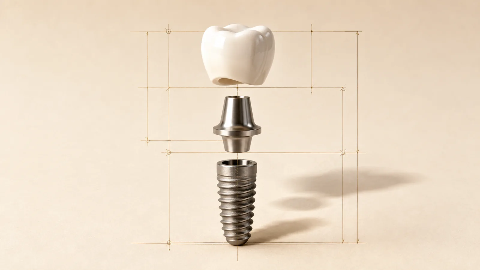 Exploded view of a dental implant: ceramic crown, titanium abutment and threaded fixture separated vertically with technical measurement lines
