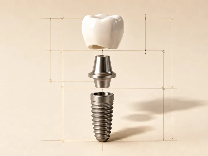 Exploded view of a dental implant's crown, abutment and titanium fixture
