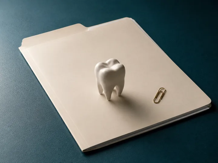 A ceramic tooth resting on a cream file folder beside a brass paperclip