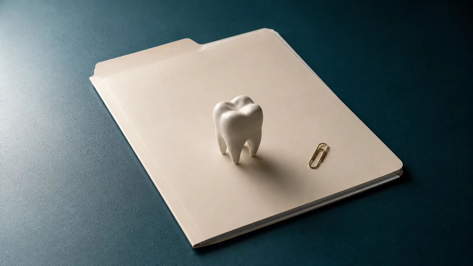 A ceramic tooth resting on a closed cream file folder beside a brass paperclip on a dark teal desk